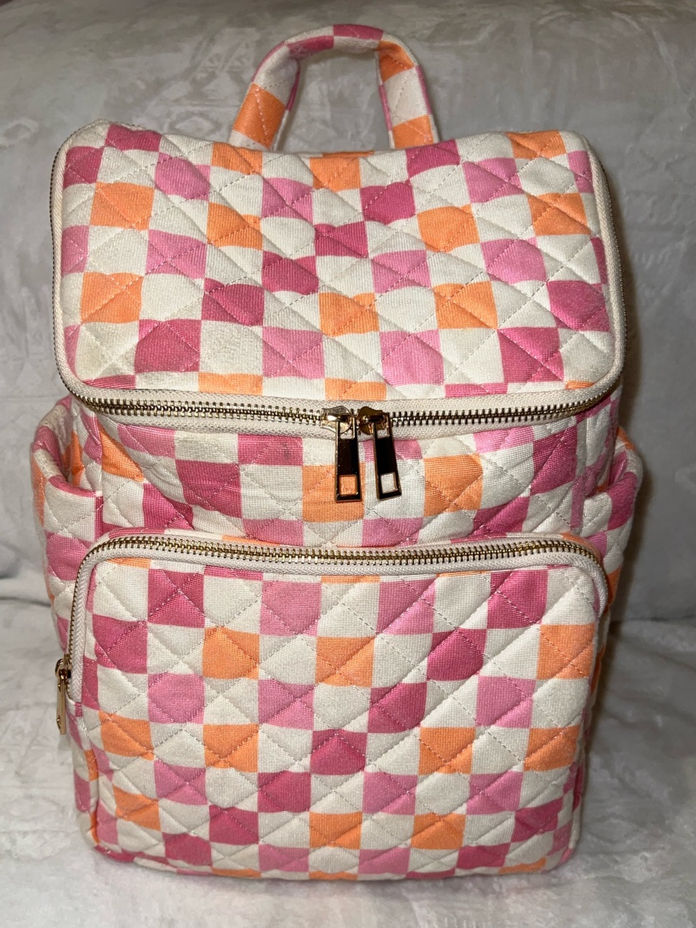 Mugsby Pink Orange Geometric Quilted Backpack Gold Tone Hardware